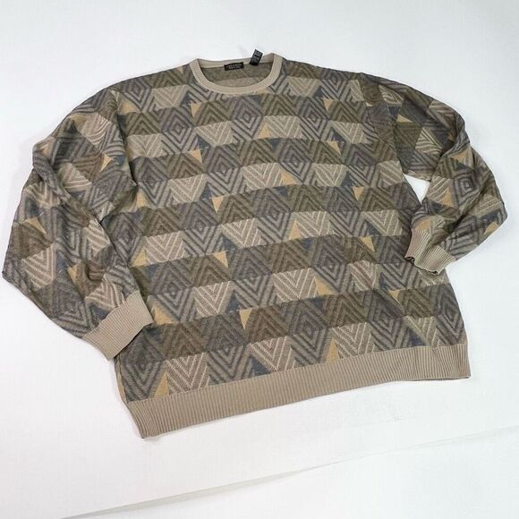 Cellinni Sweater Mens 2XL Tan Geometric Print Wool Blend Long Sleeve Knit Vtg - Picture 1 of 8